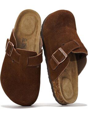 Women's Cacao Suede Genuine Leather Cork Footbed Trendy Slip-On Mules Clogs